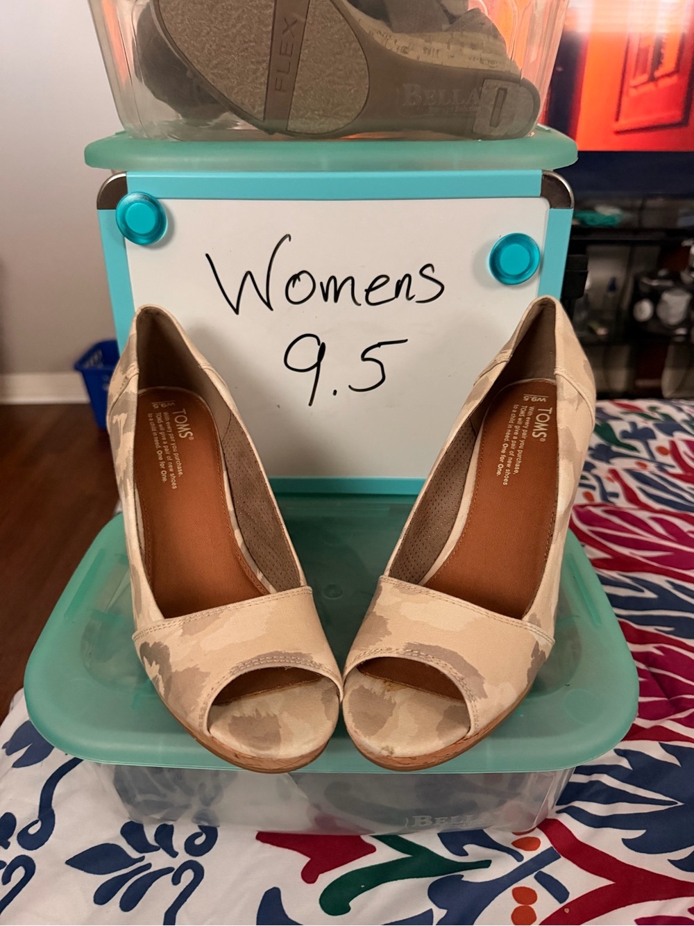 Toms Beige Camo Peep Toe Wedge Heels
